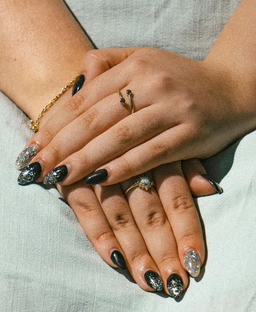 Glitter acrylic nails in rose gold shade