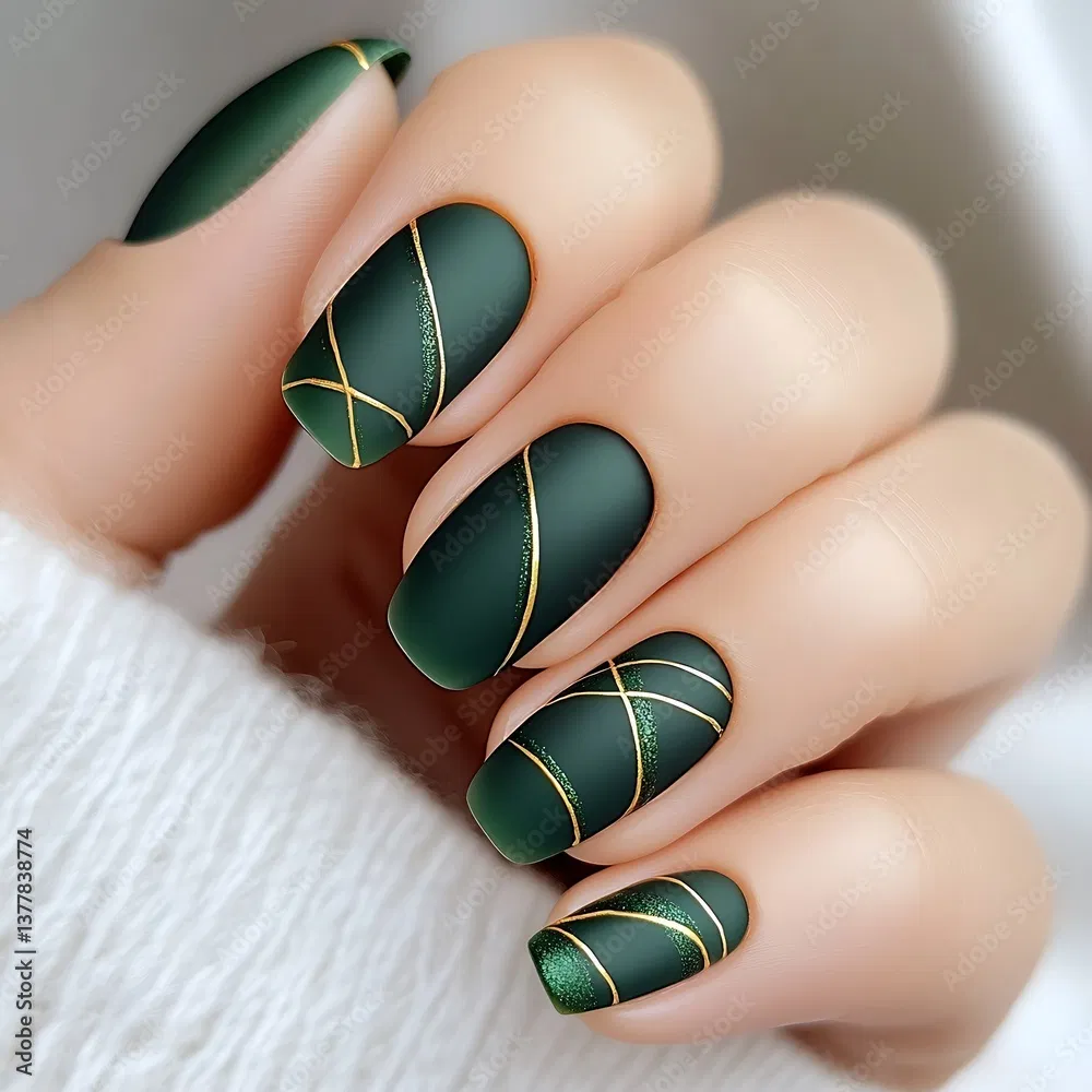 Matte olive green fall nails with subtle gold accent