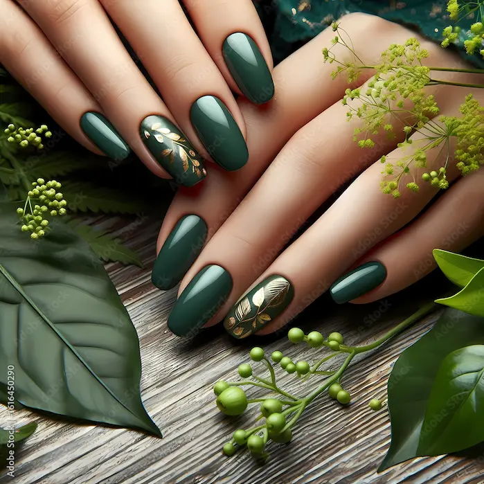 Matte olive green fall nails with subtle gold accent